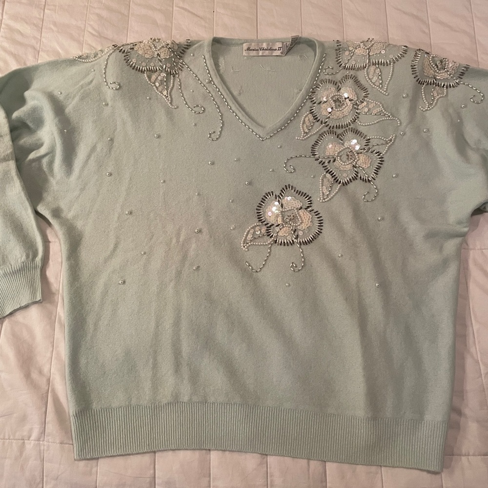 Mint color Marissa Christina II sweater with pearls and sequins
